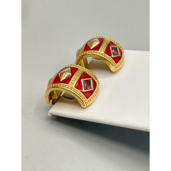 Swarovski Gold Plated Red Enamel & Purple Crystal Huggie Hoop Earrings - Picture 5 of 7